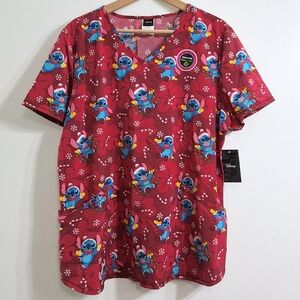 Disney Stitch Christmas Holiday Candy Cane V Neck Scrub Top, Size XLarge, NWT